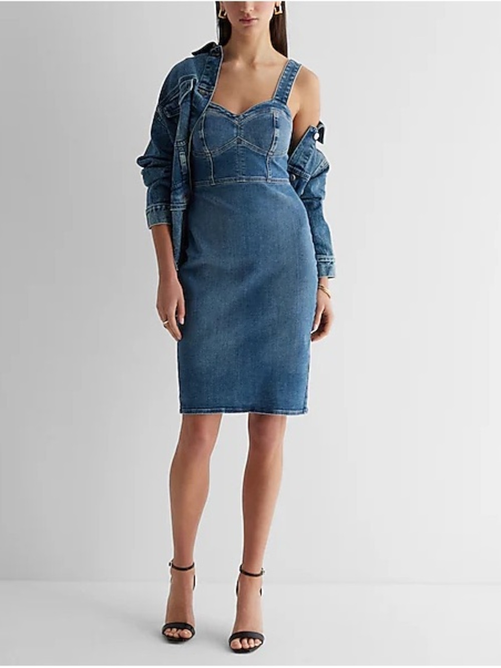 Express Dark Wash Sweetheart Corset Denim Sheath Dress | Size XS